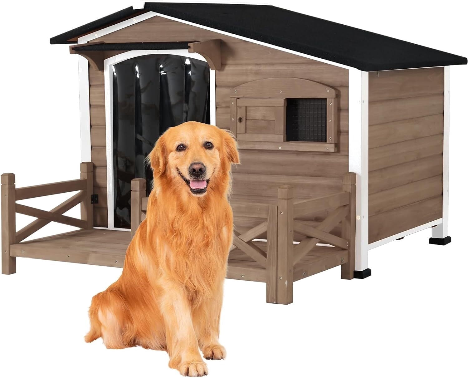 Aivituvin 44.6" L Dog House Outdoor with Anti-Chew Iron Frame, Weatherproof Dog Shelter Dog Crate for Small, Medium and Large Dogs Outside Light Brown