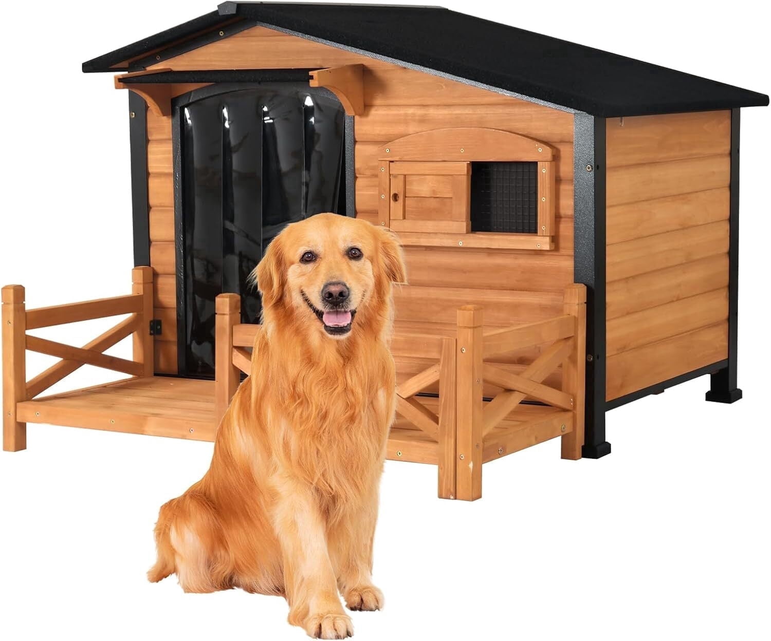 Aivituvin 44.6" L Dog House Outdoor with Anti-Chew Iron Frame, Weatherproof Shelter with Porch Dog Crate for Small Medium and Large Dogs Outside Brown