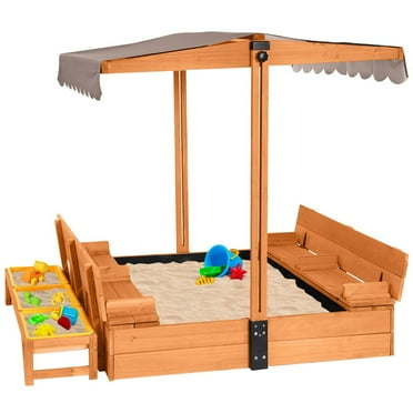 Aivituvin 47" Wooden Sandbox for Kids with Lid Cover Outdoor Play 2 Bench Seats Toy Bin Storage