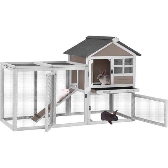 Aivituvin 51.6''L Rabbit Hutch Outdoor Chicken Coop, Indoor Bunny Cage with Run, Guinea Pig House with Pull Out Upper Tray, Brown