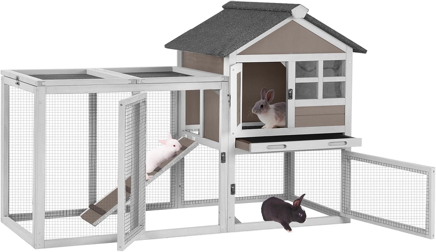 Aivituvin 51.6''L Rabbit Hutch Outdoor Chicken Coop, Indoor Bunny Cage with Run, Guinea Pig House with Pull Out Upper Tray, Brown