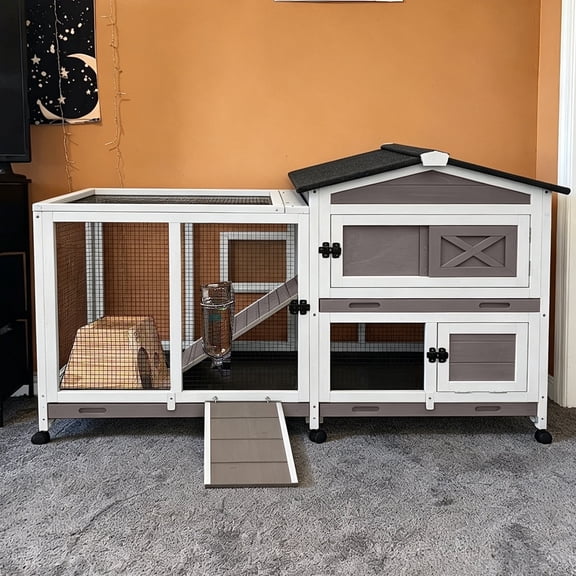 Aivituvin 55" Chew-Proof Rabbit Hutch, Large 2-Story Wooden Bunny Cage with Full Metal Frame, 3 Lockable Pull-Out Trays and 6 Wheels for Guinea Pigs & Small Pets