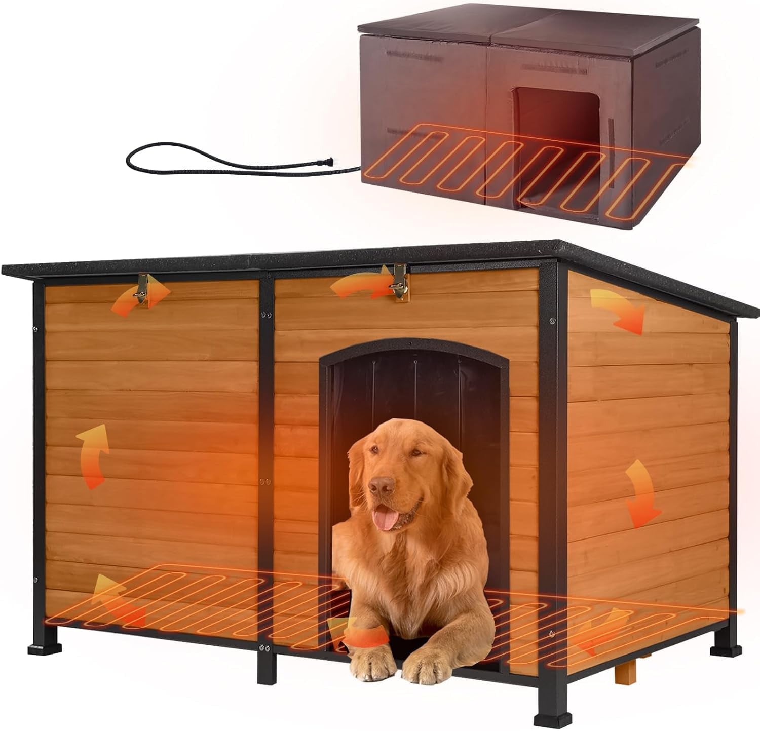 Aivituvin 59" Extra Large Heated Dog House with Heater & Insulated Liner for Winter, Wooden Insulated Outdoor Dog House for Large Dogs, All-Around Iron Frame Weatherproof (Brown)