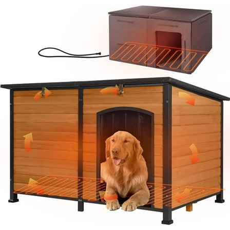 Aivituvin 59" Extra Large Heated Dog House with Heater & Insulated Liner for Winter, Wooden Insulated Outdoor Dog House for Large Dogs, All-Around Iron Frame Weatherproof (Brown)