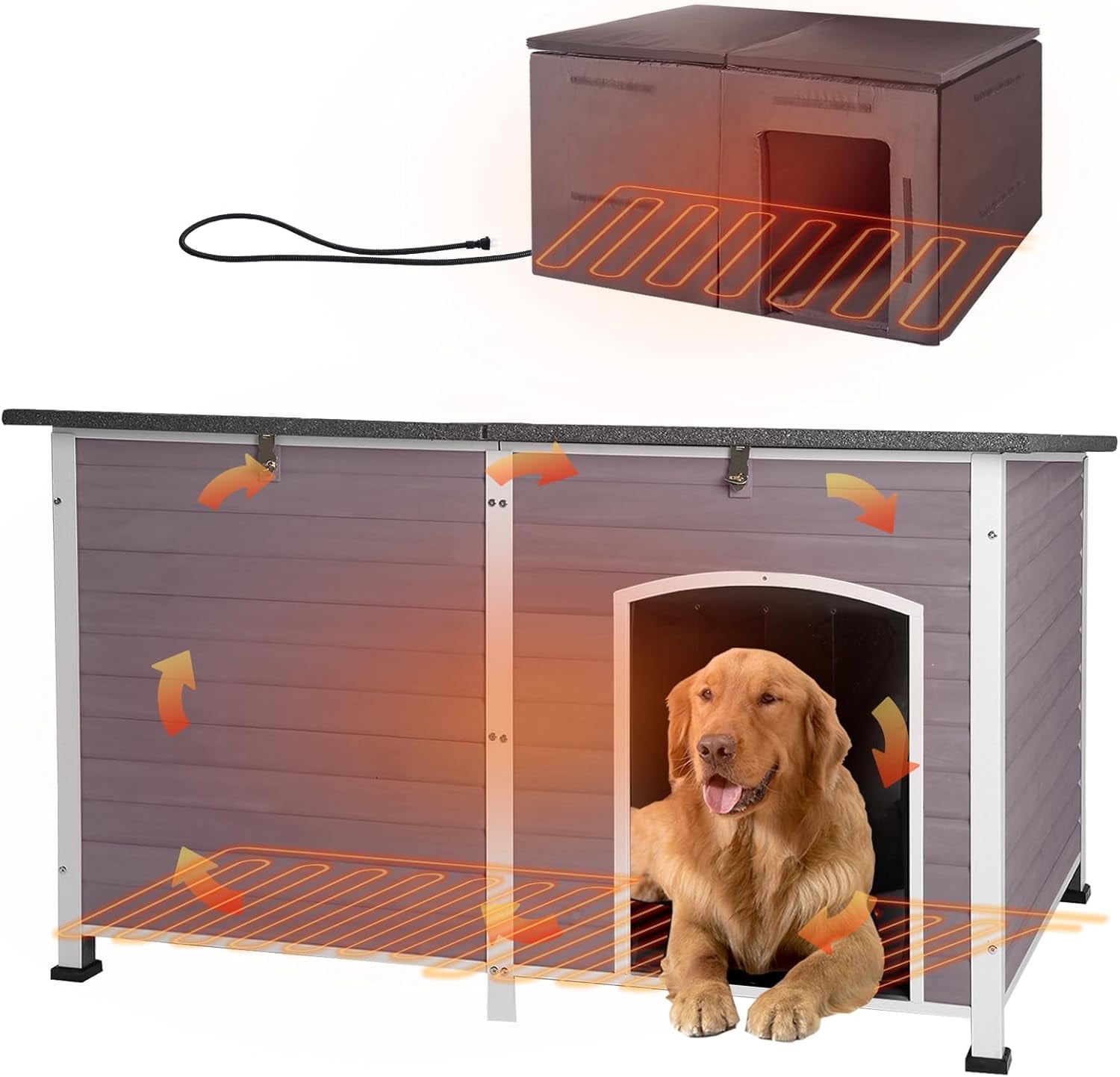 Aivituvin 59" Extra Large Heated Dog House with Heater & Insulated Liner for Winter, Wooden Insulated Outdoor Dog House for Large Dogs, All-Around Iron Frame Weatherproof (Gray)
