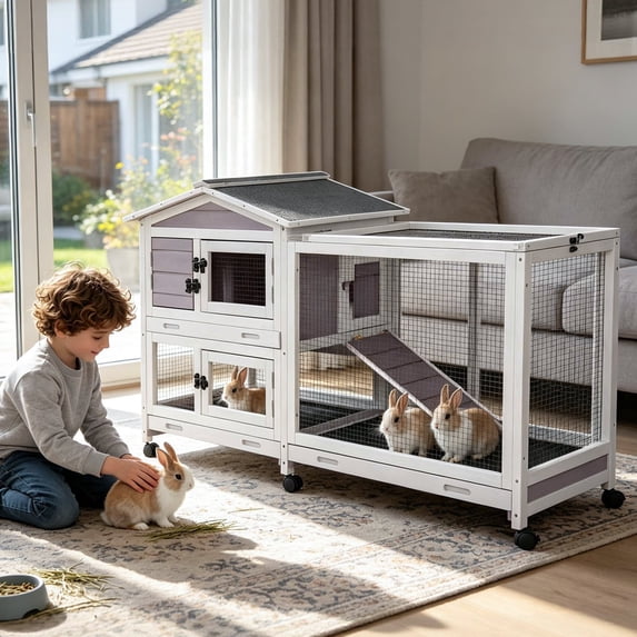 Aivituvin 62"L Outdoor Rabbit Hutch Indoor Rabbit Hutch Weatherproof Bunny Cage on Wheels Large Guinea Pig Cage with Run Removable Pull Out Tray