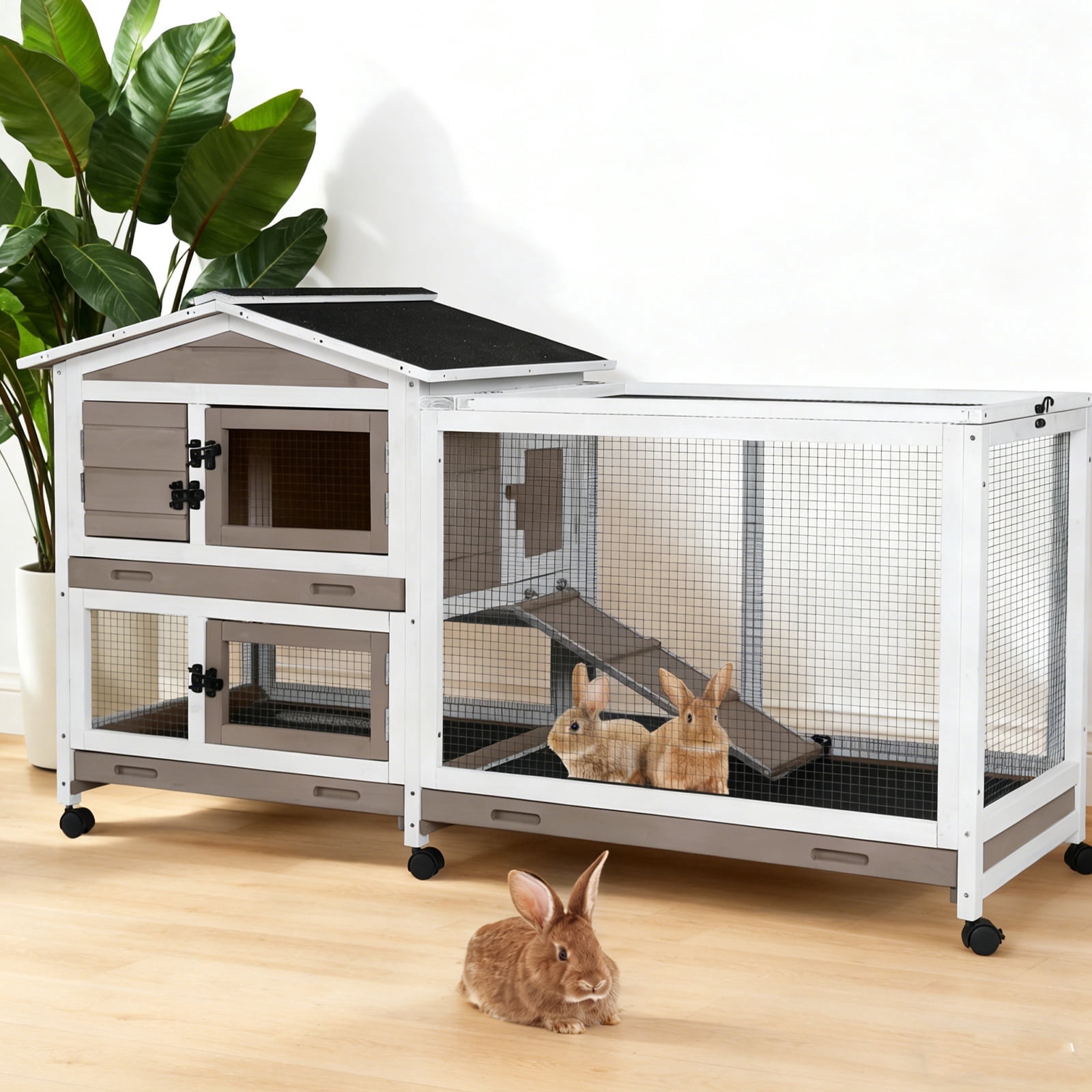 Aivituvin 62" Rabbit Hutch with Wheels for Outdoor & Indoor, 2-Story Bunny Cage with Pull Out Tray, Chew-Proof Ramp, Waterproof Roof, Brown
