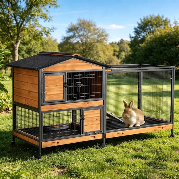 Aivituvin 62" Rabbit Hutch with Wheels for Outdoor & Indoor, 2-Story Bunny Cage with Pull Out Tray, Chew-Proof Ramp, Waterproof Roof, Orange