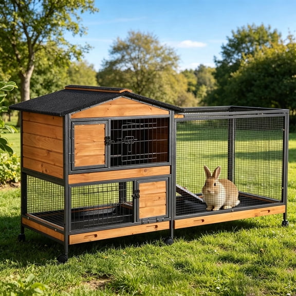 Aivituvin 62" Rabbit Hutch with Wheels for Outdoor & Indoor, 2-Story Bunny Cage with Pull Out Tray, Chew-Proof Ramp, Waterproof Roof, Orange