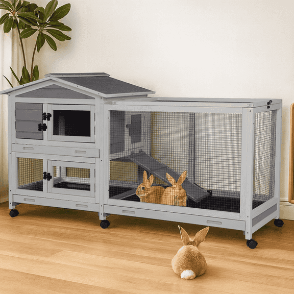 Aivituvin 62" Rabbit Hutch with Wheels for Outdoor & Indoor, 2-Story Bunny Cage with Pull Out Tray, Chew-Proof Ramp, Waterproof Roof