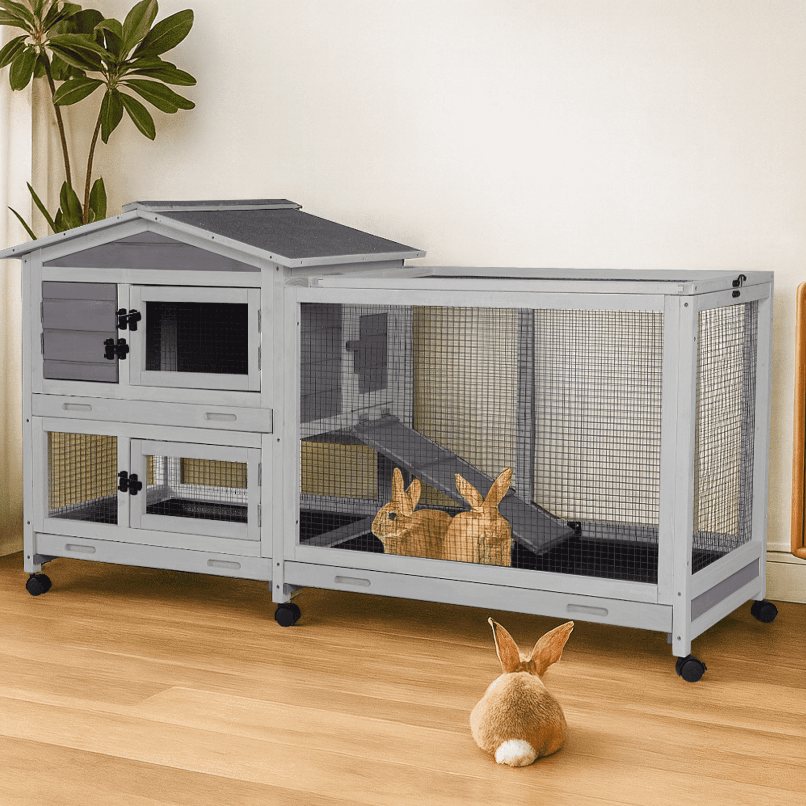 Aivituvin 62" Rabbit Hutch with Wheels for Outdoor & Indoor, 2-Story Bunny Cage with Pull Out Tray, Chew-Proof Ramp, Waterproof Roof