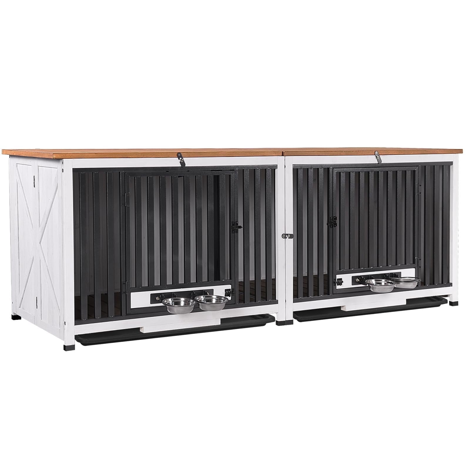 Aivituvin 78.8" Dog Crate Furniture for 2 Dogs, 100% Solid Wood Large Double Dog Crate Furniture for Large Breed with Metal Pipe, Indoor Dog Kennel TV Stand End Table with 360° Rotatable Dog Bowls