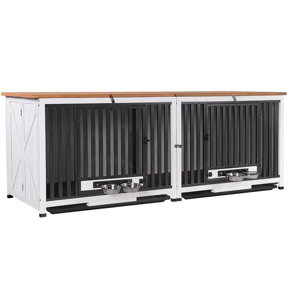 Aivituvin 78.8" Dog Crate Furniture for 2 Dogs, 100% Solid Wood Large Double Dog Crate Furniture for Large Breed with Metal Pipe, Indoor Dog Kennel TV Stand End Table with 360° Rotatable Dog Bowls
