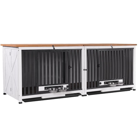Aivituvin 78.8" Dog Crate Furniture for 2 Dogs, 100% Solid Wood Large Double Dog Crate Furniture for Large Breed with Metal Pipe, Indoor Dog Kennel TV Stand End Table with 360° Rotatable Dog Bowls