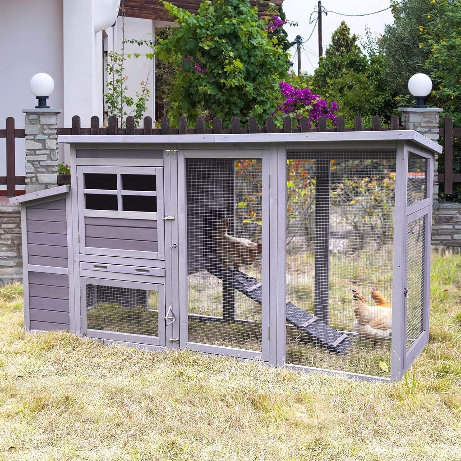 Aivituvin 78in Large Chicken Coop with Wheels & Removable Leakproof Tray, Outdoor Wooden Poultry House with Waterproof Roof, Nesting Box, Ramp and Run (Grey)