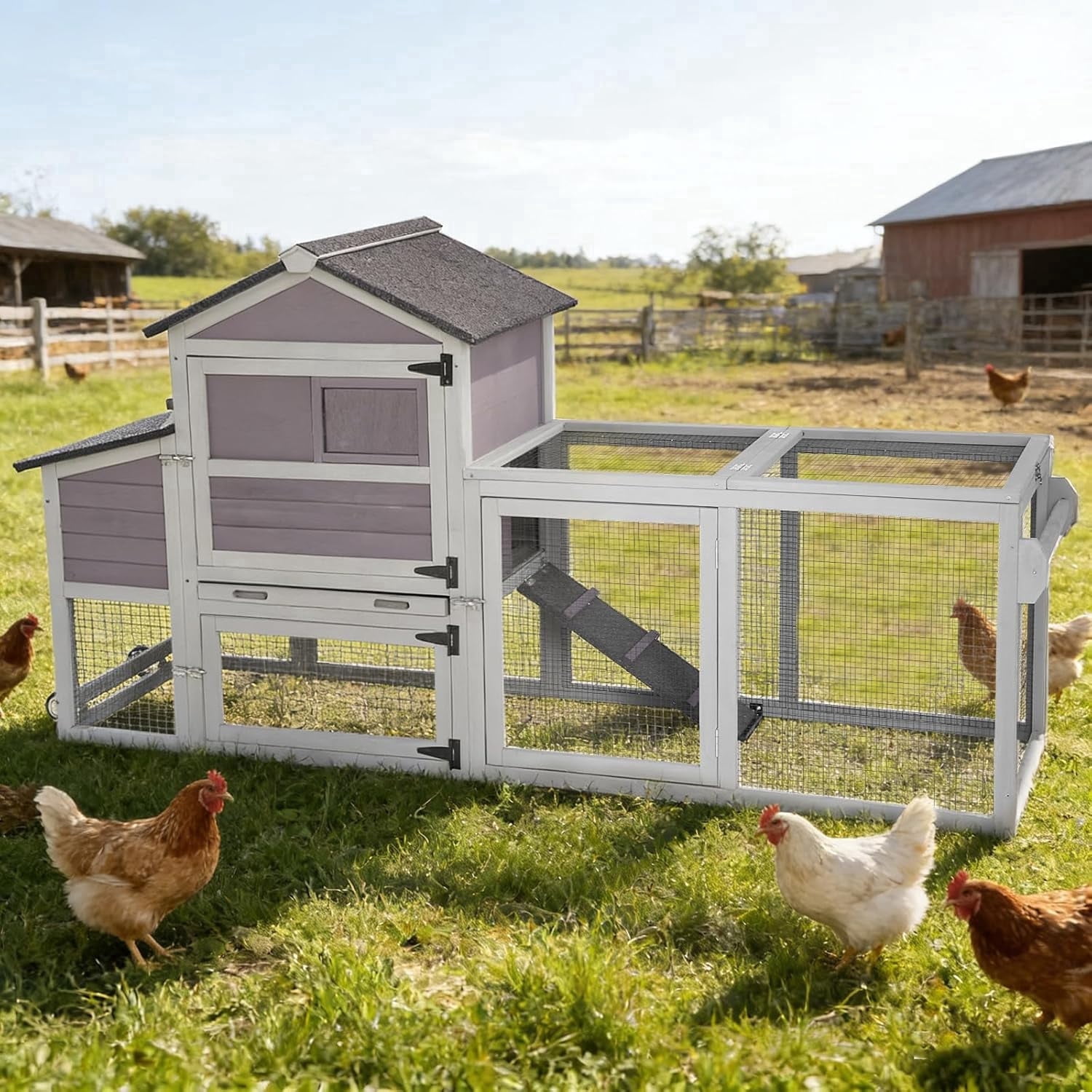 Aivituvin 82.4’’ Large Chicken Coop Mobile Chicken Tractor with Wheels and Run Chicken House with Nesting Boxes Waterproof Roof Leakproof Tray (Grey)