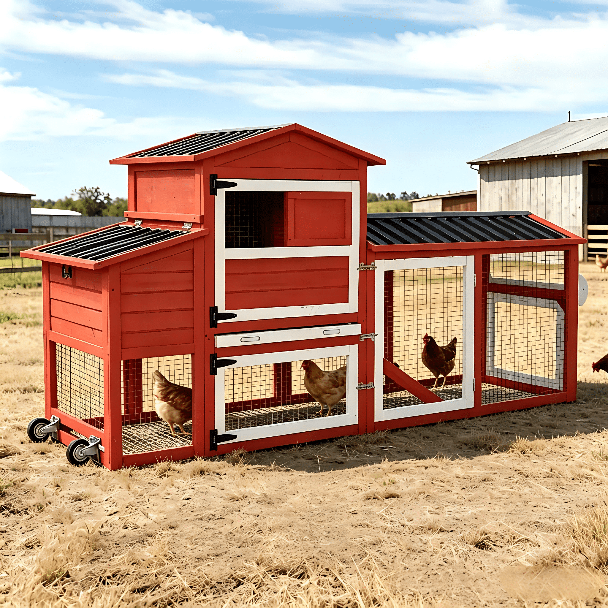 Aivituvin 83" Large Chicken Coop for 4-6 Chickens, Mobile Hen House Outdoor Wooden Poultry Cage with Wheels Nesting Box Run, Red