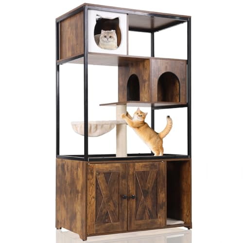 Aivituvin All-in-One Cat Litter Box Enclosure Hidden Litter Box Furniture with Cat Tree, Scratching Post, Cozy Cat Cave, Hanging Hammock, Storage Cabinet, Durable & Space-Saving
