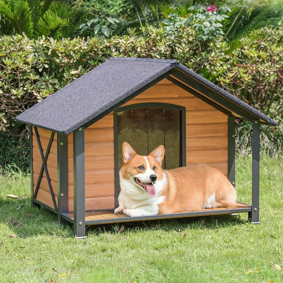 Aivituvin Anti-Chewing Outdoor Dog House with Iron Frame, 34.3"D Weatherproof Wooden Dog Kennels with Large Porch for Outdoor & Indoor, Brown