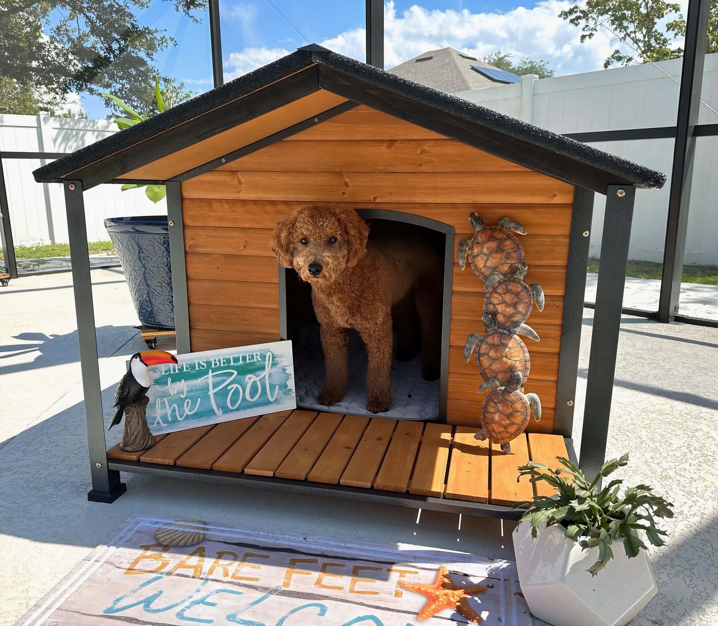 Aivituvin Anti-Chewing Outdoor Dog House with Iron Frame, 41.4"D Weatherproof Wooden Dog Kennels with Large Porch for Outdoor & Indoor, Brown