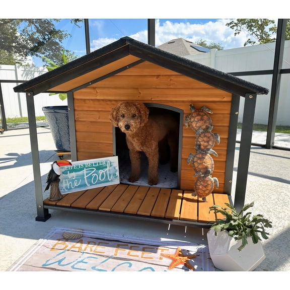 Aivituvin Anti-Chewing Outdoor Dog House with Iron Frame, 41.4"D Weatherproof Wooden Dog Kennels with Large Porch for Outdoor & Indoor, Brown