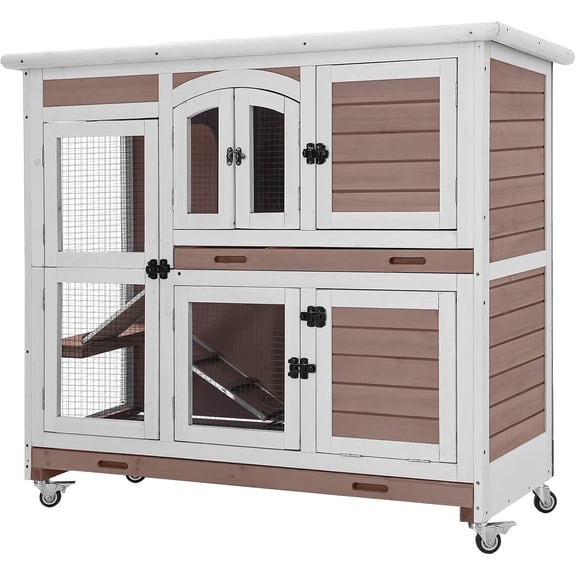 Aivituvin Bunny Cage Rabbit Hutch Indoor Rabbit House with Wheels Outdoor Guinea Pig House with Two Plastic Tray (Brown)
