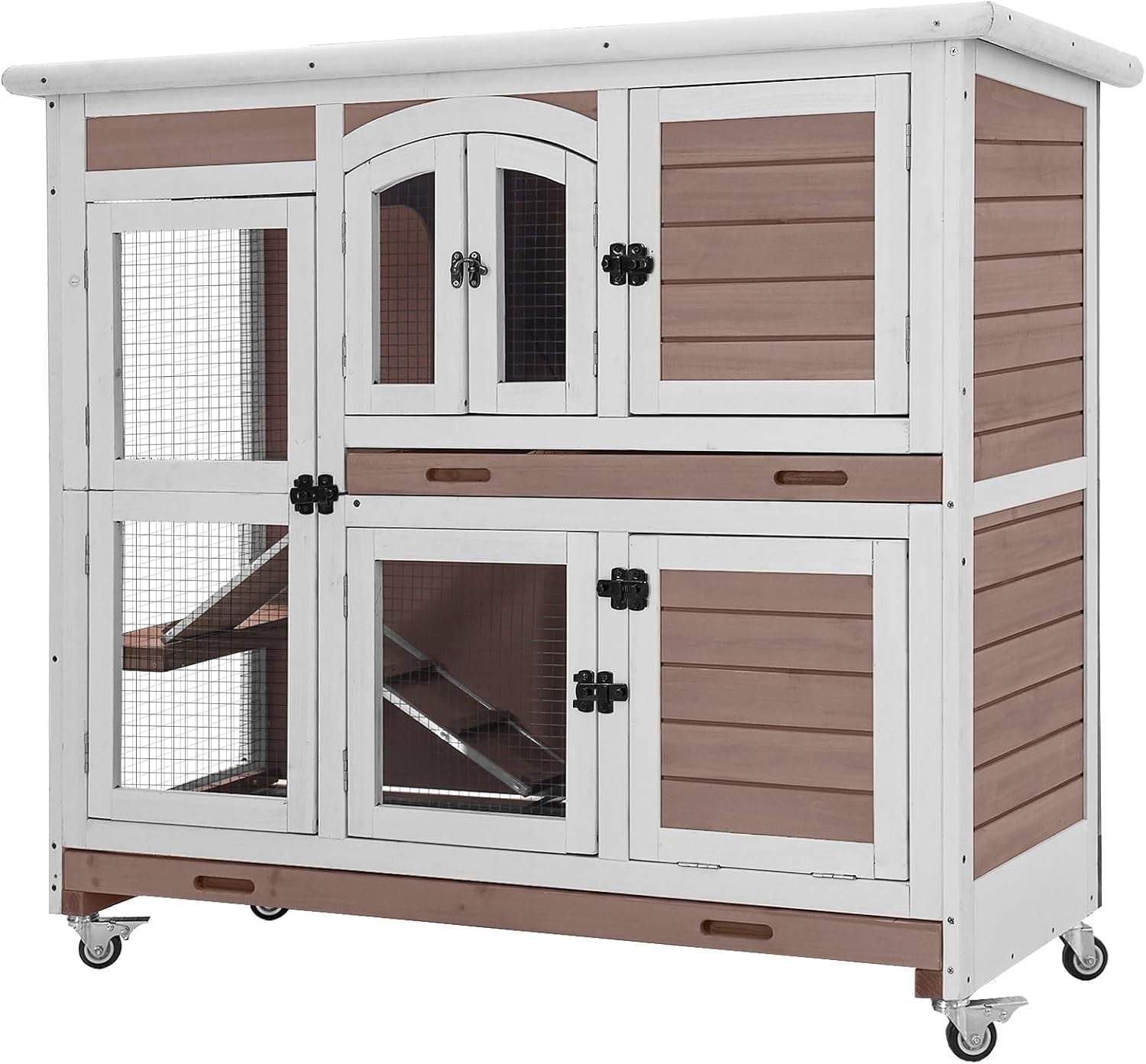 Aivituvin Bunny Cage Rabbit Hutch Indoor Rabbit House with Wheels Outdoor Guinea Pig House with Two Plastic Tray (Brown)