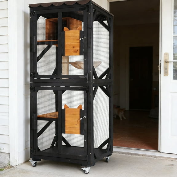 Aivituvin Cat Catio Outdoor Cat House Movable Large Enclosures on Exercise Wheels Kitty Cage with Upgraded Resting Box,Waterproof Cover Black