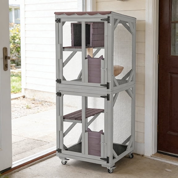 Aivituvin Cat Catio Outdoor Cat House Movable Large Enclosures on Exercise Wheels Kitty Cage with Upgraded Resting Box,Waterproof Cover