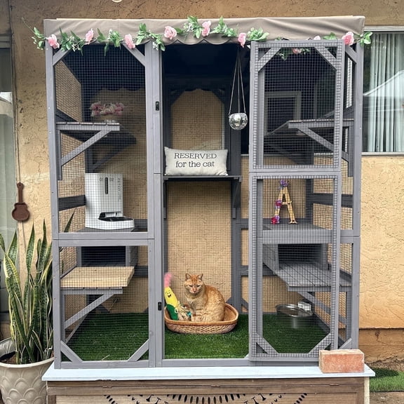 Aivituvin Cat House Outdoor Catio Kitty Enclosure with Super Large Enter Door,Wooden Cat Cage Condo Indoor Playpen with Platforms for Kittens Pets