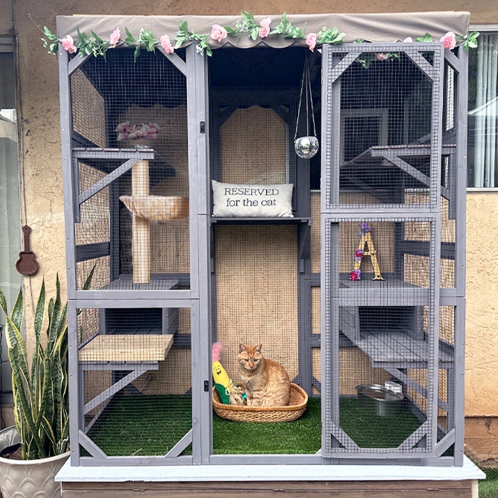 Aivituvin Cat House Outdoor Catio Kitty Enclosure, Wooden Cat Cage Condo Indoor Playpen with Large Enter Door and Platforms for Kittens