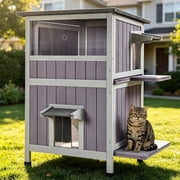 Avituvin Outdoor Cat House, 2-Level Feral Cat Shelter, Weatherproof Asphalt Roof, PVC Curtain, Jumping Platforms, Elevated Floor