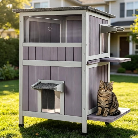 Avituvin Outdoor Cat House, 2-Level Feral Cat Shelter, Weatherproof Asphalt Roof, PVC Curtain, Jumping Platforms, Elevated Floor