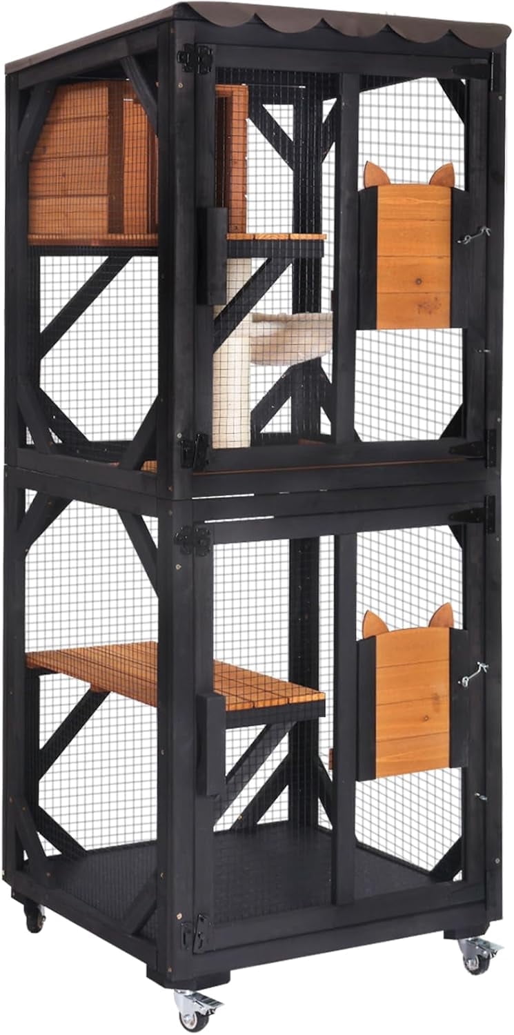 Aivituvin Cat House Window Catio Outdoor Cat Enclosure Mobile Kitty Shelter on Wheels Pet Cage with Resting Box, Hammocks, Waterproof Cover
