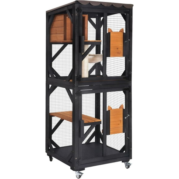 Aivituvin Cat House Window Catio Outdoor Cat Enclosure Mobile Kitty Shelter on Wheels Pet Cage with Resting Box, Hammocks, Waterproof Cover