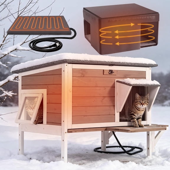 Aivituvin Large Heated Cat House with Liner, Weatherproof Cat Shelter Outdoor Insulated Windproof Feral Cat Shelter with Heating Pad, Chewproof Cable, Escape Door for 2-4 Cats in Winter, Brown