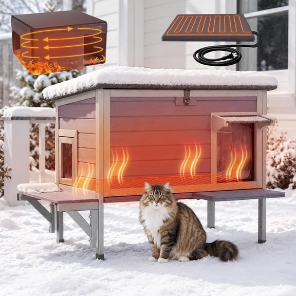 Aivituvin Cat House with Insulated Liner, Heated Feral Cats Shelter, Time Temperature Control, Weatherproof Cat Condos Outdoor Indoor
