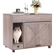 Aivituvin Cat Litter Box Enclosure Cabinet,Flip Top Hidden Litter Box Furniture,Indoor Wooden Covered Cat House with Drawer,Wheels