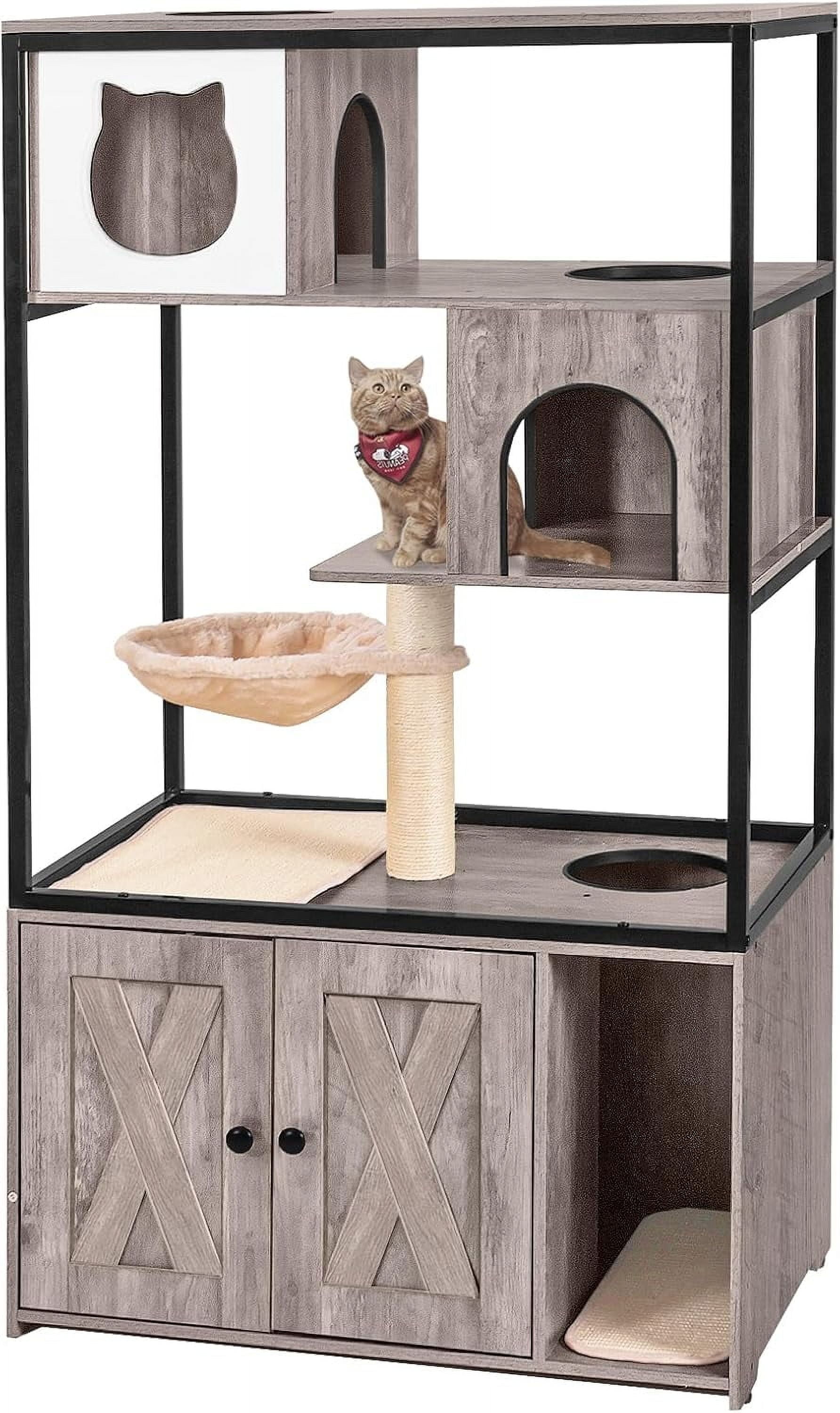 Gray Wooden 3-Story Cat Condo with Litter Box Enclosure