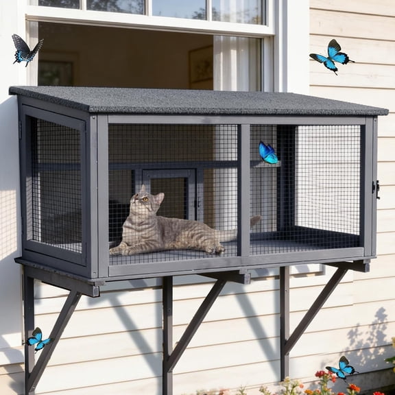 Aivituvin Cat Window Box Attach to Window Catio Outdoor Cat Enclosure with Weatherproof Roof PVC Door Outside Wooden Cat Window Perch for Indoor Cats