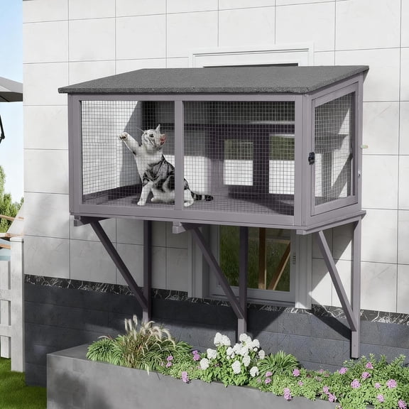 Aivituvin Cat Window Box, Window Catio Outdoor Cat Enclosure - Weatherproof & UV-Resistant Wooden Catio with 360 Unobstructed View, Mosquito-Proof Design