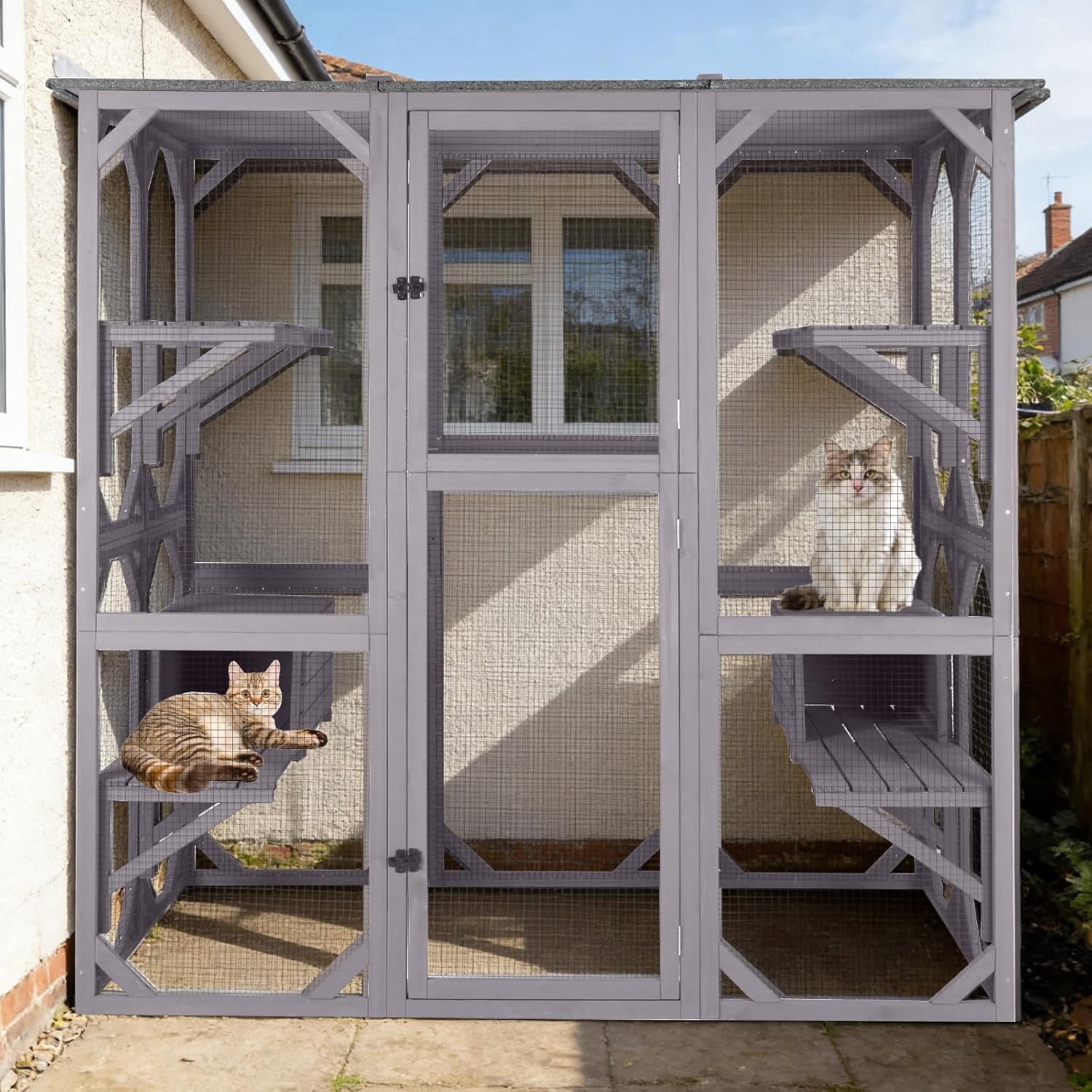 Aivituvin Catio Cat Enclosure Extra Large Window Cat House for Outdoor Cats, Walk-in Kitty Cage with Asphalt Roof, 7 Platforms, 2 Resting Boxes, Indestructible Feral Cat Shelter for Backyard