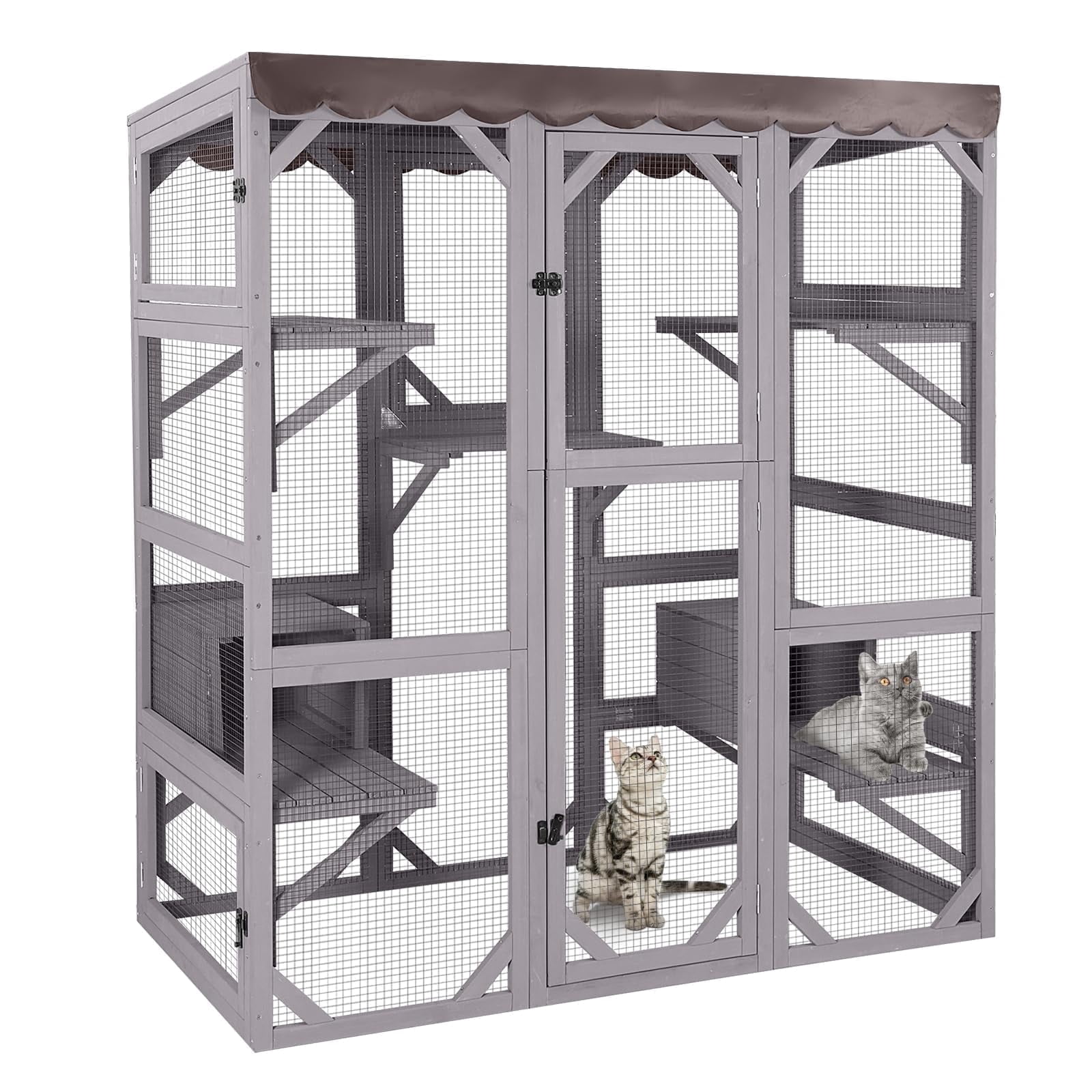 Aivituvin 70" Walk-In Outdoor Catio, Large Wooden Cat House with 7 Climbing Platforms and 2 Resting Boxes, White/Gray