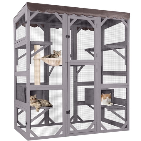 Aivituvin 70" Walk-in Catio Outdoor Cat Enclosure, Large Cat Cage with 7 Platforms, 2 Rest Houses & Waterproof Roof for Multiple Cats