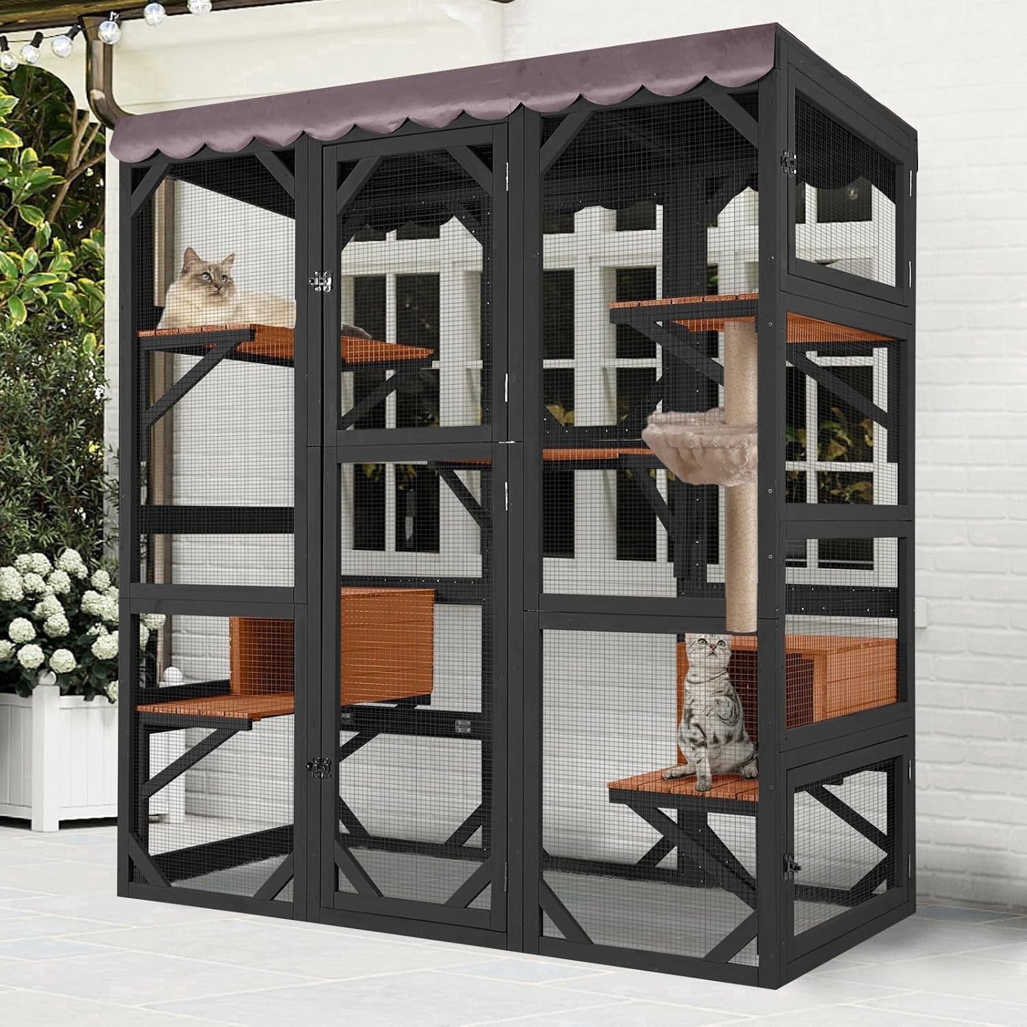 Aivituvin Catio Outdoor Cat Enclosure Large Wooden Cat Cage Condo Playpen for Multiple Cats Waterproof Cover for Indoor Outdoor (Black)