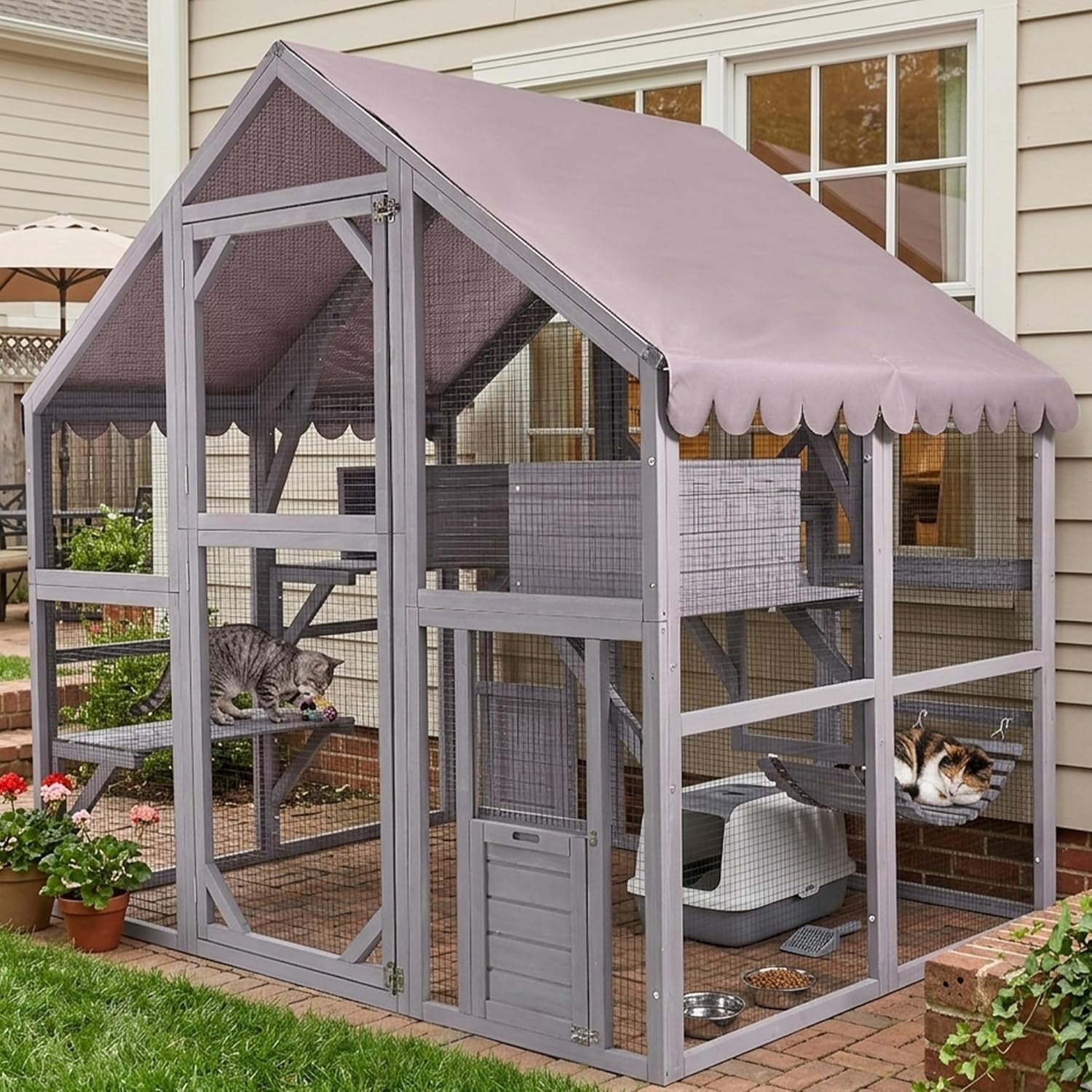Aivituvin Extra Large Catio Outdoor Cat Enclosure Window Design for 6-10 Cats, Walk-in Patio Cat House with 4 Access Doors, Waterproof Roof