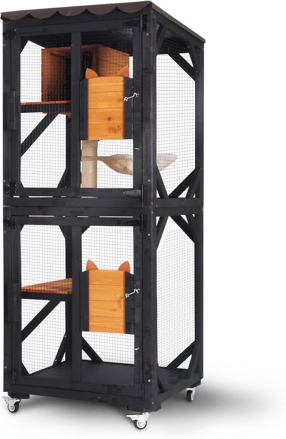 Aivituvin Catio Outdoor Cat Enclosure Mobile Cat House Indoor On Wheels with Scratch Post, Hammock, Resting Box, Platform, Tarp Roof 62.8", Black
