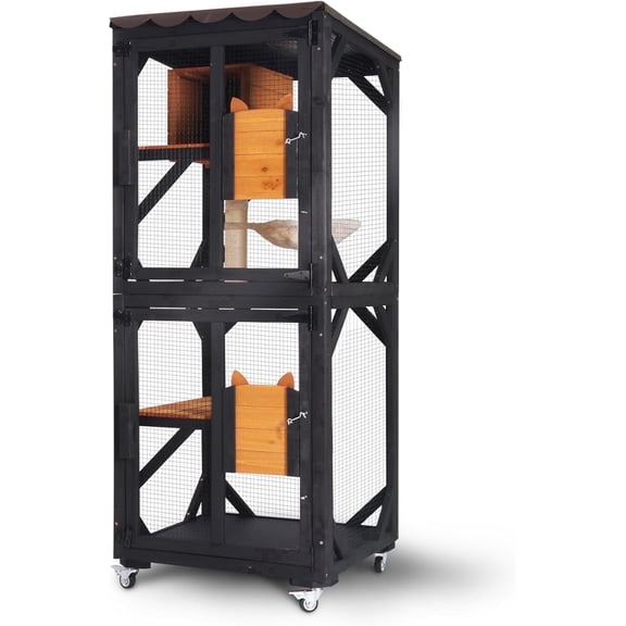 Aivituvin Catio Outdoor Cat Enclosure Mobile Cat House Indoor On Wheels with Scratch Post, Hammock, Resting Box, Platform, Tarp Roof 62.8", Black