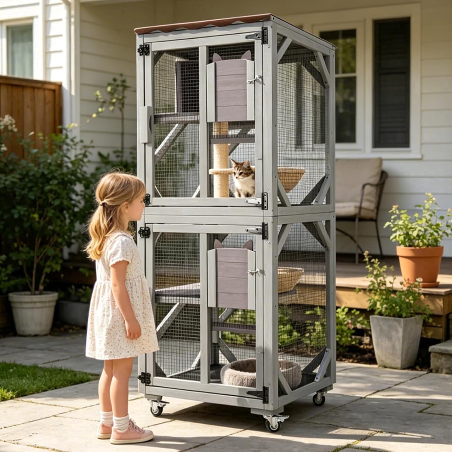 Aivituvin Catio Outdoor Cat Enclosure with Wheels, Outdoor Cat House with Weatherproof Roof, 3 Platforms, Large Window Catio Portable Cat Cage Indoor for 2-3 Cats, 23.4" D x 24.5" W x 62.8" H - Grey