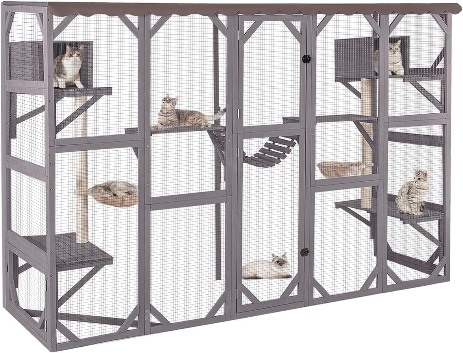 Aivituvin Catio Outdoor Cat Enclosure Window Large Cat Patio 3 Tiers with 6 Platforms and 2 Scratching Posts for Cats House 104" L
